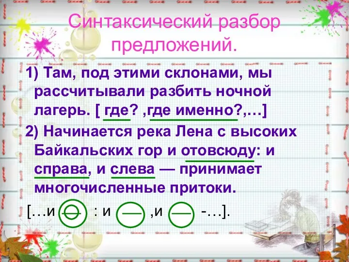 Синтаксический разбор предложений. 1) Там, под этими склонами, мы рассчитывали разбить