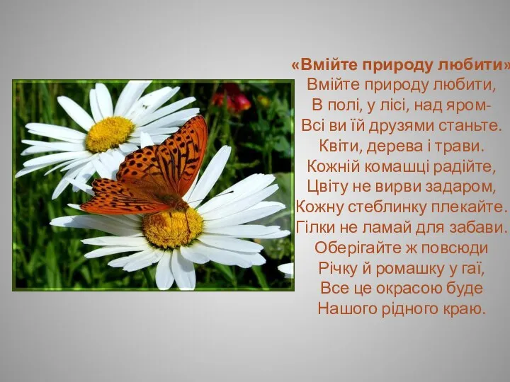 «Вмійте природу любити» Вмійте природу любити, В полі, у лісі, над