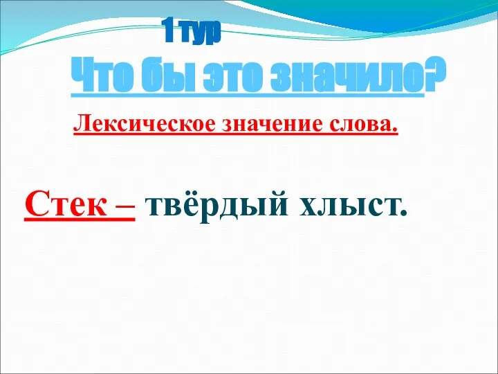 1 тур Что бы это значило? Лексическое значение слова. Стек – твёрдый хлыст.