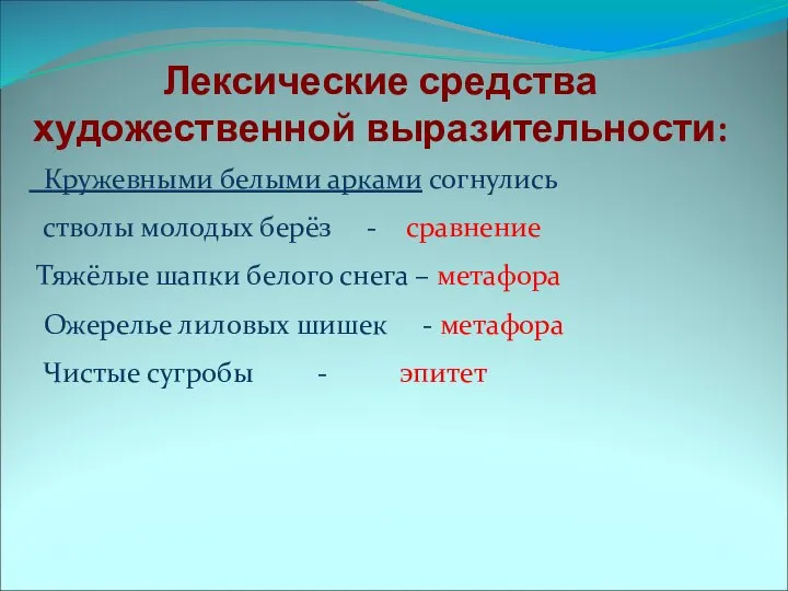 Лексические средства художественной выразительности: Кружевными белыми арками согнулись стволы молодых берёз