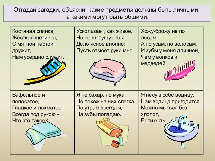 Отгадай загадки, объясни, какие предметы должны быть личными, а какими могут быть общими.