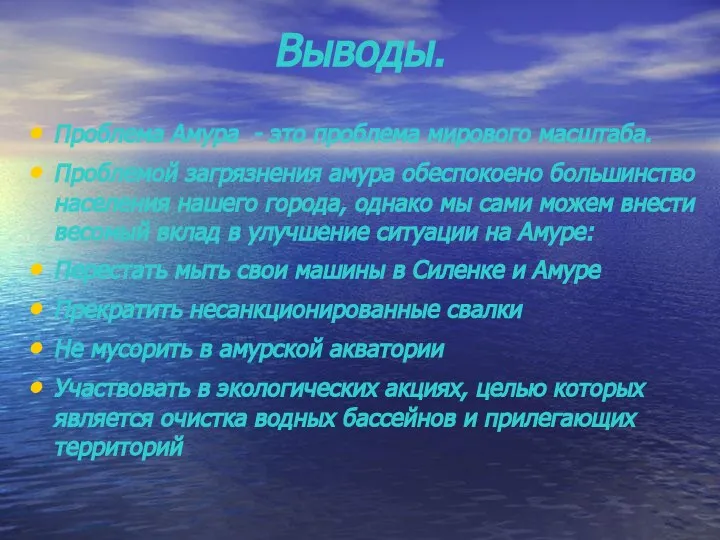 Выводы. Проблема Амура - это проблема мирового масштаба. Проблемой загрязнения амура