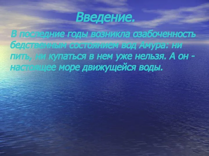 Введение. В последние годы возникла озабоченность бедственным состоянием вод Амура: ни