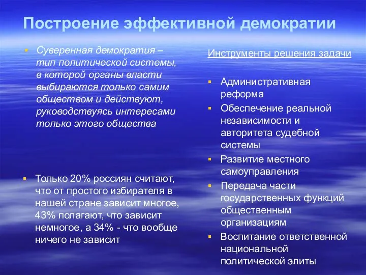 Построение эффективной демократии Суверенная демократия – тип политической системы, в которой