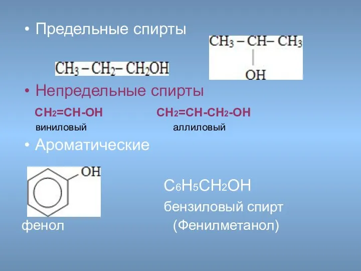 Предельные спирты Непредельные спирты СН2=СН-ОН СН2=СН-СН2-ОН виниловый аллиловый Ароматические С6Н5СН2ОН бензиловый спирт фенол (Фенилметанол)