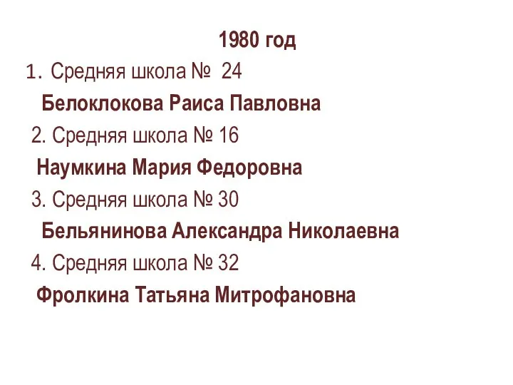 1980 год Средняя школа № 24 Белоклокова Раиса Павловна 2. Средняя