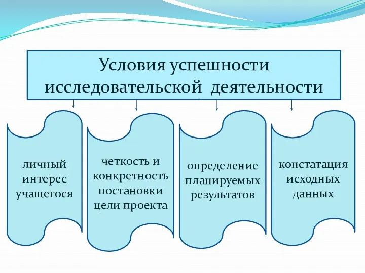 Условия успешности исследовательской деятельности личный интерес учащегося четкость и конкретность постановки