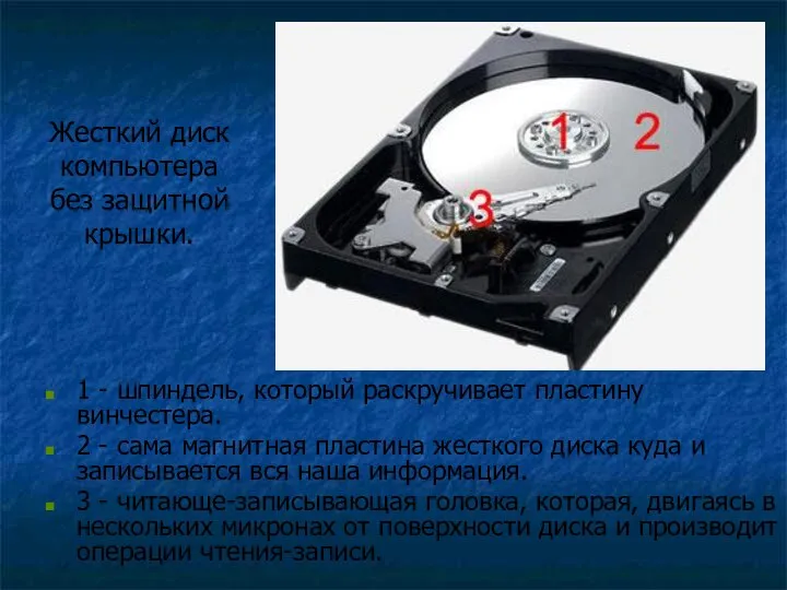 Жесткий диск компьютера без защитной крышки. 1 - шпиндель, который раскручивает
