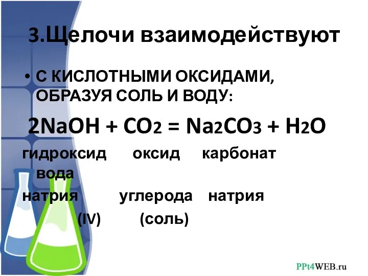 3.Щелочи взаимодействуют С КИСЛОТНЫМИ ОКСИДАМИ, ОБРАЗУЯ СОЛЬ И ВОДУ: 2NaOH +