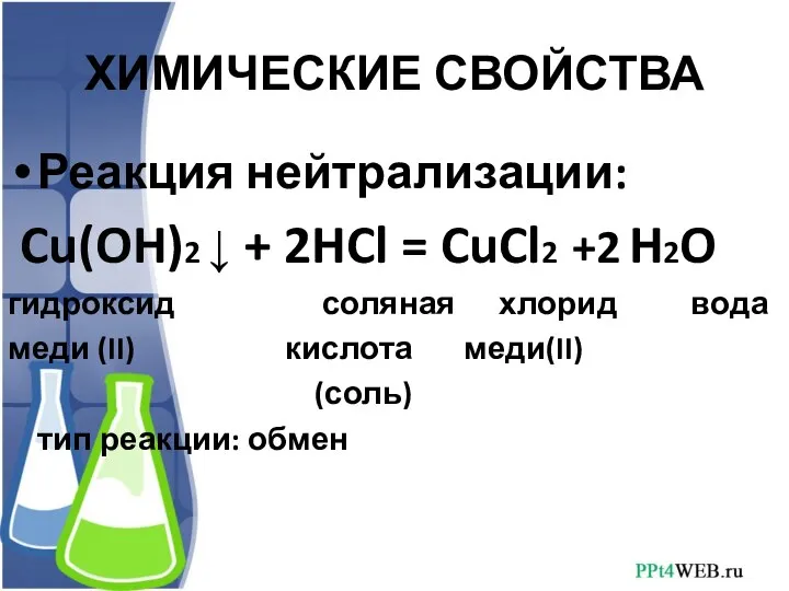 ХИМИЧЕСКИЕ СВОЙСТВА Реакция нейтрализации: Cu(OH)2 ↓ + 2HCl = CuCl2 +2