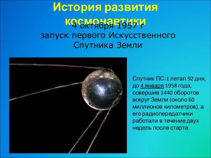 История развития космонавтики 4 октября 1957 г запуск первого Искусственного Спутника