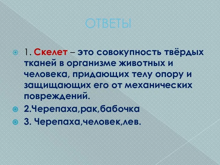 ОТВЕТЫ 1. Скелет – это совокупность твёрдых тканей в организме животных