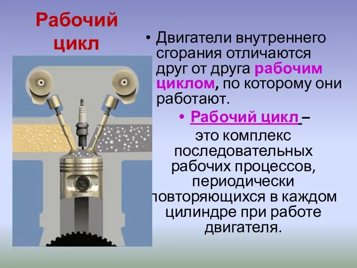 Рабочий цикл Двигатели внутреннего сгорания отличаются друг от друга рабочим циклом,