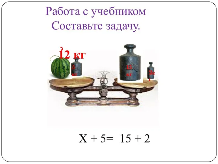 Работа с учебником Составьте задачу. 5 кг 2кг 15 кг ?