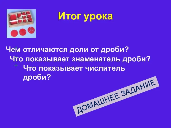 Итог урока Чем отличаются доли от дроби? Что показывает знаменатель дроби?