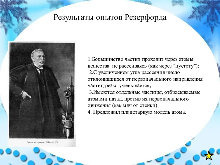 Результаты опытов Резерфорда 1.Большинство частиц проходит через атомы вещества. не рассеиваясь