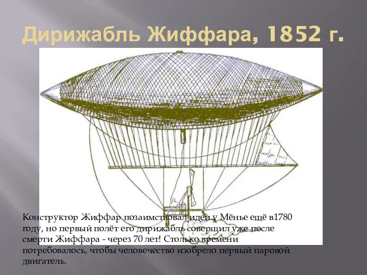 Дирижабль Жиффара, 1852 г. Конструктор Жиффар позаимствовал идеи у Мёнье ещё