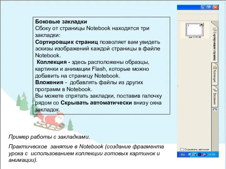 Боковые закладки Сбоку от страницы Notebook находятся три закладки: Сортировщик страниц