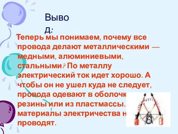 Теперь мы понимаем, почему все провода делают металлическими — медными, алюминиевыми,