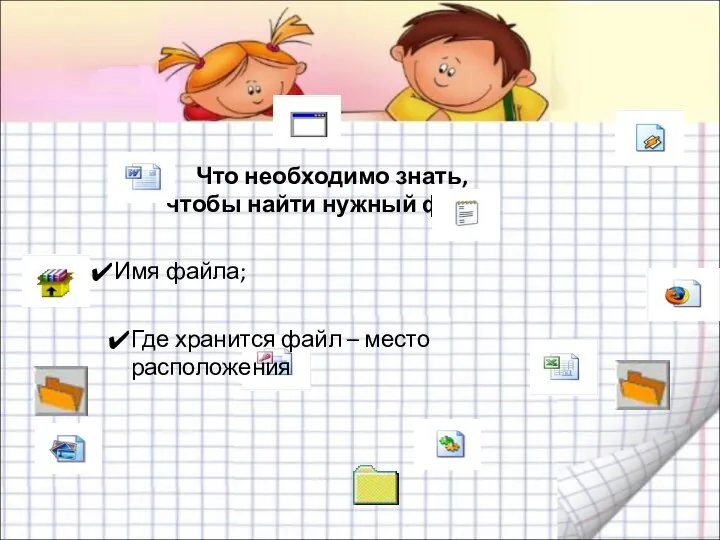 Что необходимо знать, чтобы найти нужный файл? Имя файла; Где хранится файл – место расположения