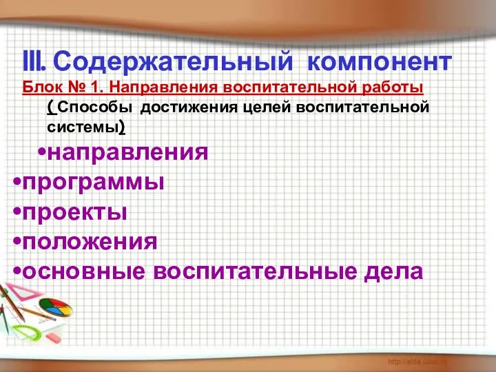 III. Содержательный компонент Блок № 1. Направления воспитательной работы ( Способы