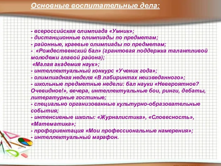 Основные воспитательные дела: - всероссийская олимпиада «Умник»; - дистанционные олимпиады по