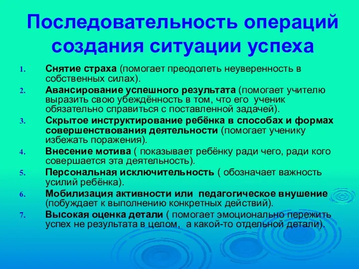 Последовательность операций создания ситуации успеха Снятие страха (помогает преодолеть неуверенность в