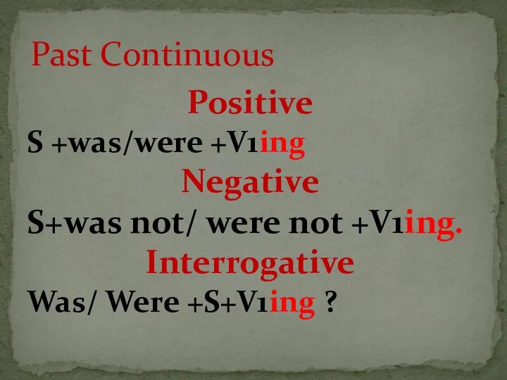 Positive S +was/were +V1ing Negative S+was not/ were not +V1ing. Interrogative