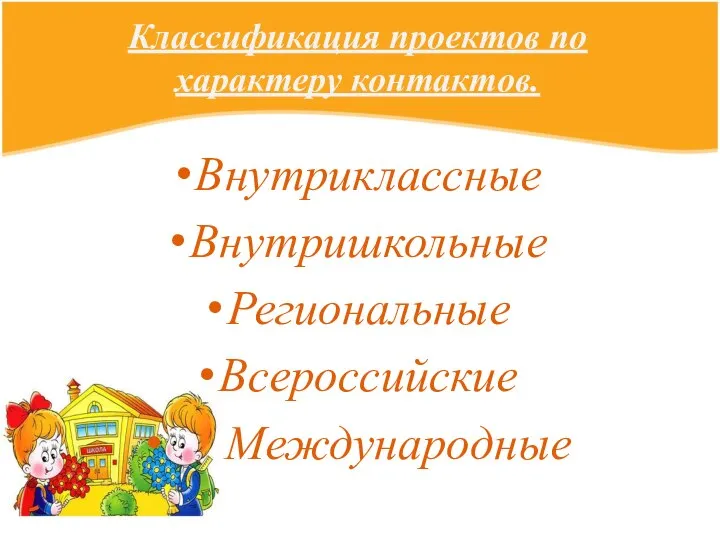 Классификация проектов по характеру контактов. Внутриклассные Внутришкольные Региональные Всероссийские Международные