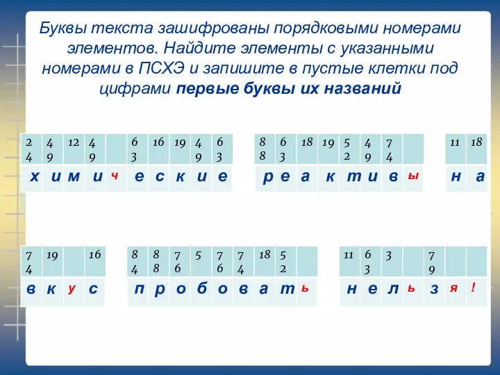 Буквы текста зашифрованы порядковыми номерами элементов. Найдите элементы с указанными номерами