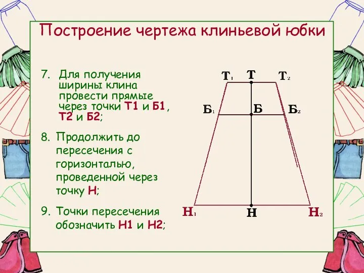 Построение чертежа клиньевой юбки Для получения ширины клина провести прямые через