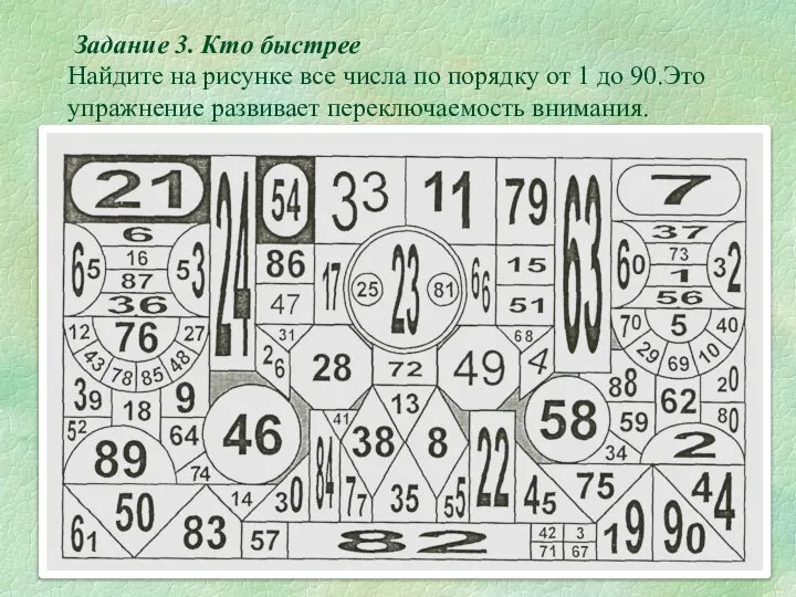 Задание 3. Кто быстрее Найдите на рисунке все числа по порядку