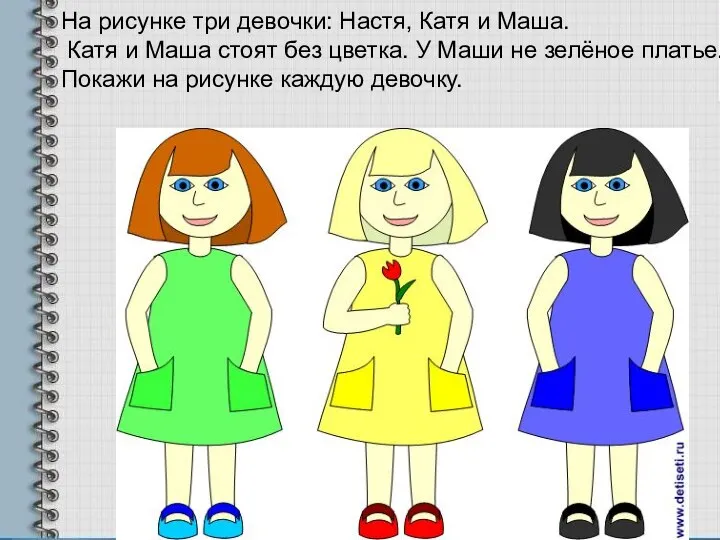 На рисунке три девочки: Настя, Катя и Маша. Катя и Маша