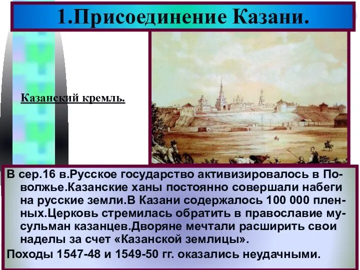 В сер.16 в.Русское государство активизировалось в По-волжье.Казанские ханы постоянно совершали набеги