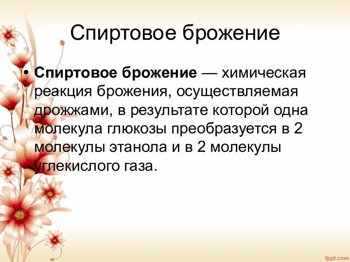 Спиртовое брожение Спиртовое брожение — химическая реакция брожения, осуществляемая дрожжами, в