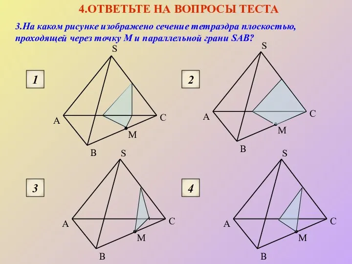3.На каком рисунке изображено сечение тетраэдра плоскостью, проходящей через точку М