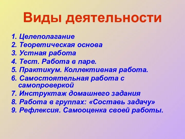 Виды деятельности 1. Целеполагание 2. Теоретическая основа 3. Устная работа 4.