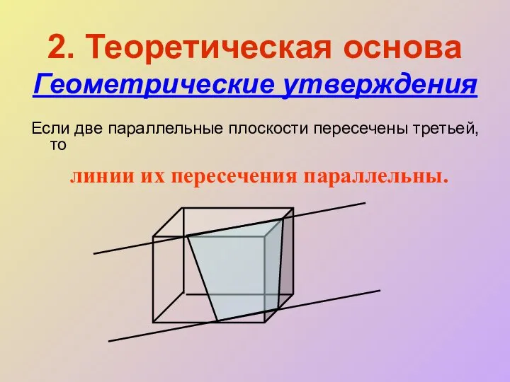 2. Теоретическая основа Геометрические утверждения Если две параллельные плоскости пересечены третьей, то линии их пересечения параллельны.