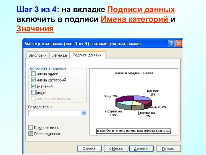 Шаг 3 из 4: на вкладке Подписи данных включить в подписи Имена категорий и Значения