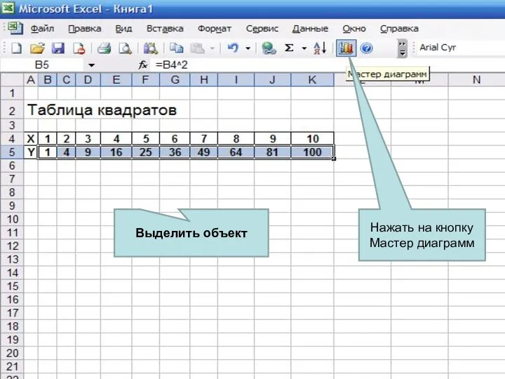 Нажать на кнопку Мастер диаграмм Выделить объект