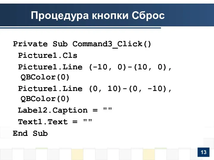 Процедура кнопки Сброс Private Sub Command3_Click() Picture1.Cls Picture1.Line (-10, 0)-(10, 0),