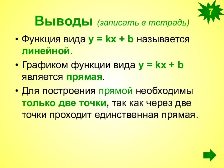 Выводы (записать в тетрадь) Функция вида у = kx + b