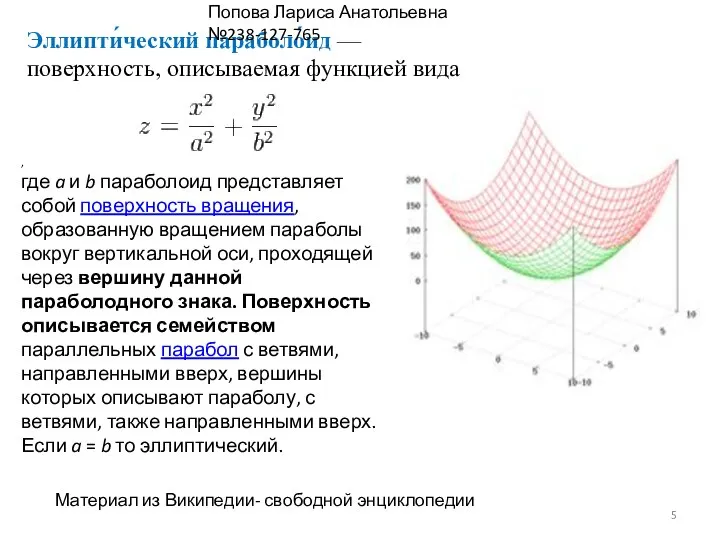 Эллипти́ческий параболо́ид — поверхность, описываемая функцией вида , где a и