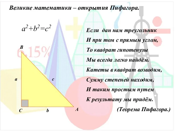 Великие математики – открытия Пифагора. a2+b2=с2 B C A Если дан