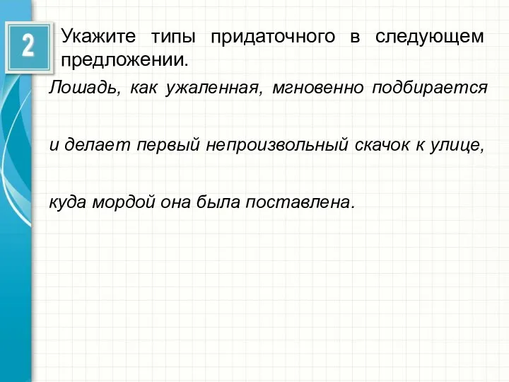 Укажите типы придаточного в следующем предложении. Лошадь, как ужаленная, мгновенно подбирается