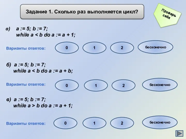 Задание 1. Сколько раз выполняется цикл? a := 5; b :=