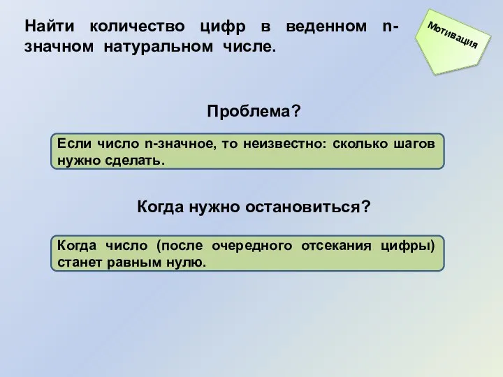 Найти количество цифр в веденном n-значном натуральном числе. Проблема? Когда нужно