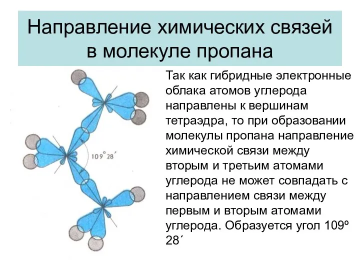 Направление химических связей в молекуле пропана Так как гибридные электронные облака