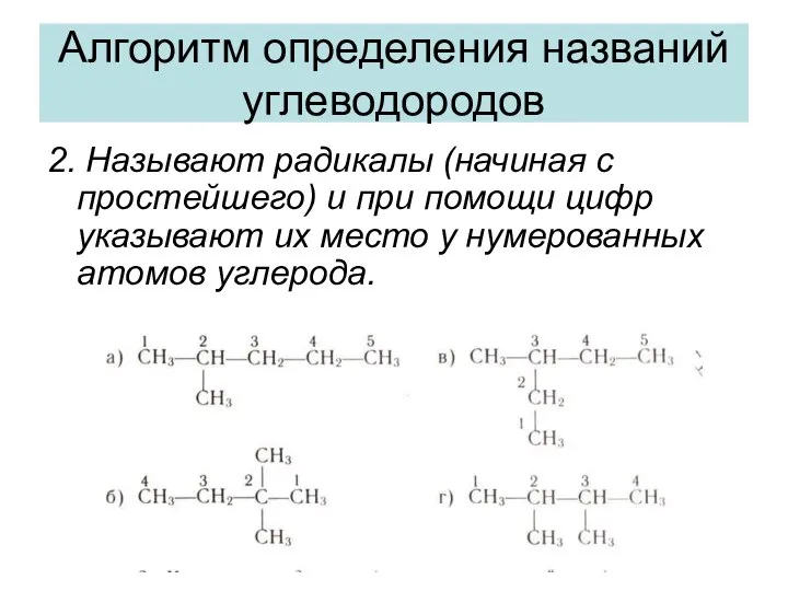 Алгоритм определения названий углеводородов 2. Называют радикалы (начиная с простейшего) и