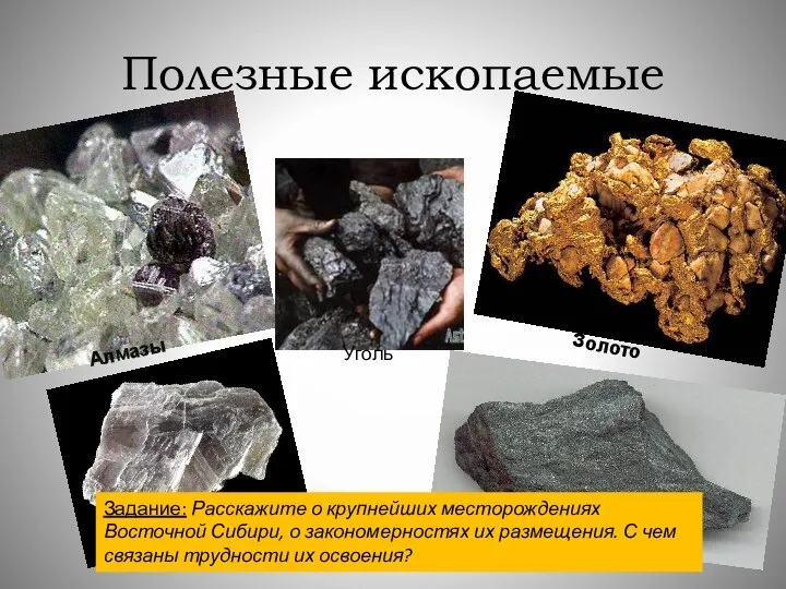 Полезные ископаемые Алмазы Железная руда Золото Слюда Уголь Задание: Расскажите о
